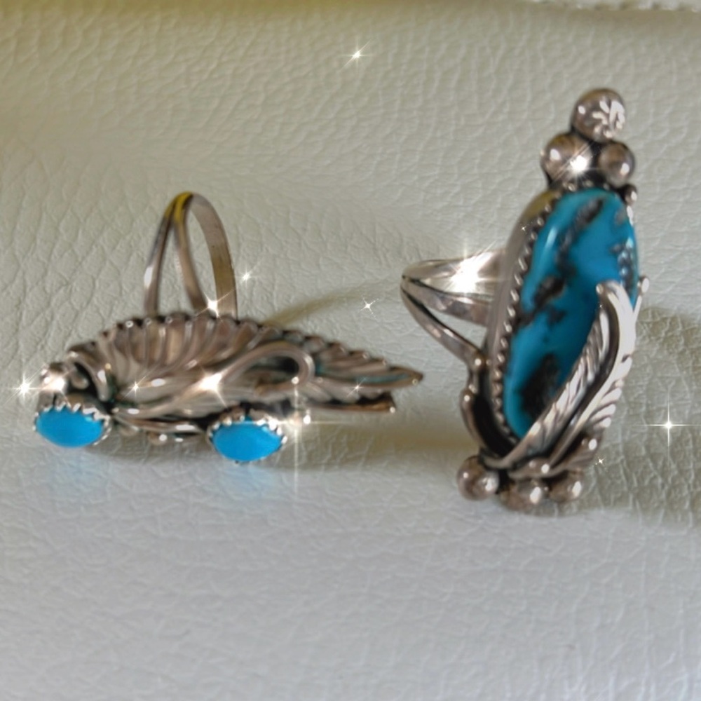Native American Sterling Silver Turquoise Floral Ring lot of 2- FF.Tribal Navajo - Picture 3 of 5
